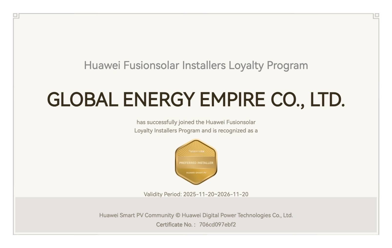 GEE Solar | การันตีด้วยรางวัลระดับ Global “Preferred Installer“ จาก Huawei FusionSolar